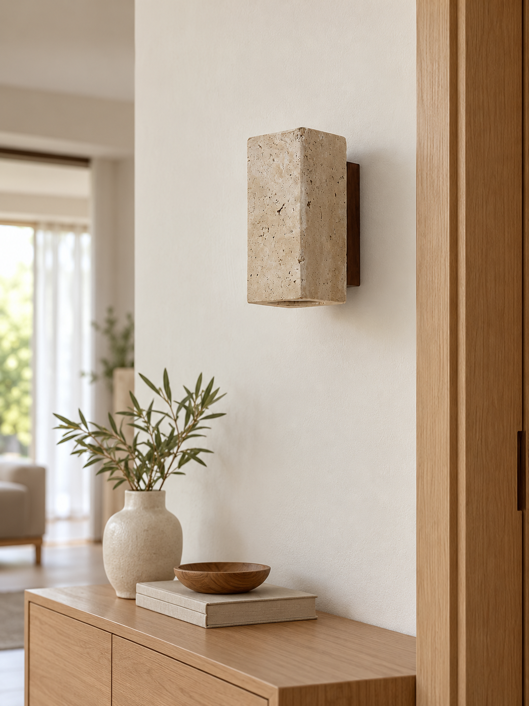 16 cm square travertine wall light in hallway