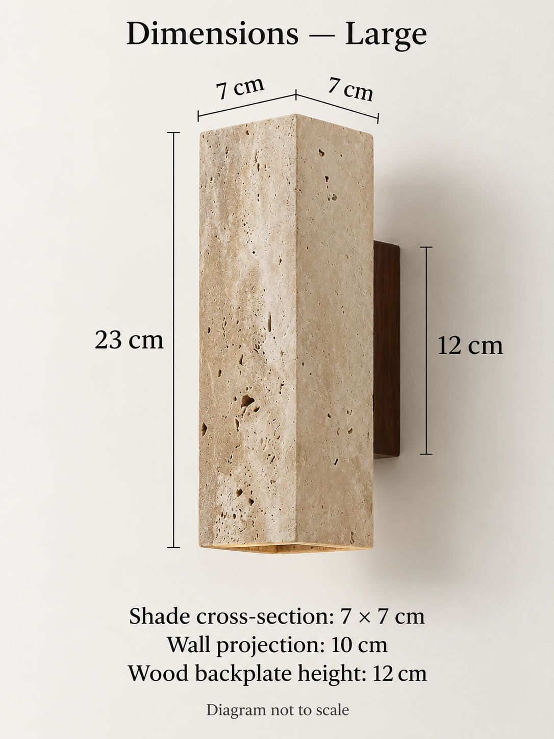 Large wall light dimensions: 7x7x23cm, projection10cm, backplate12cm