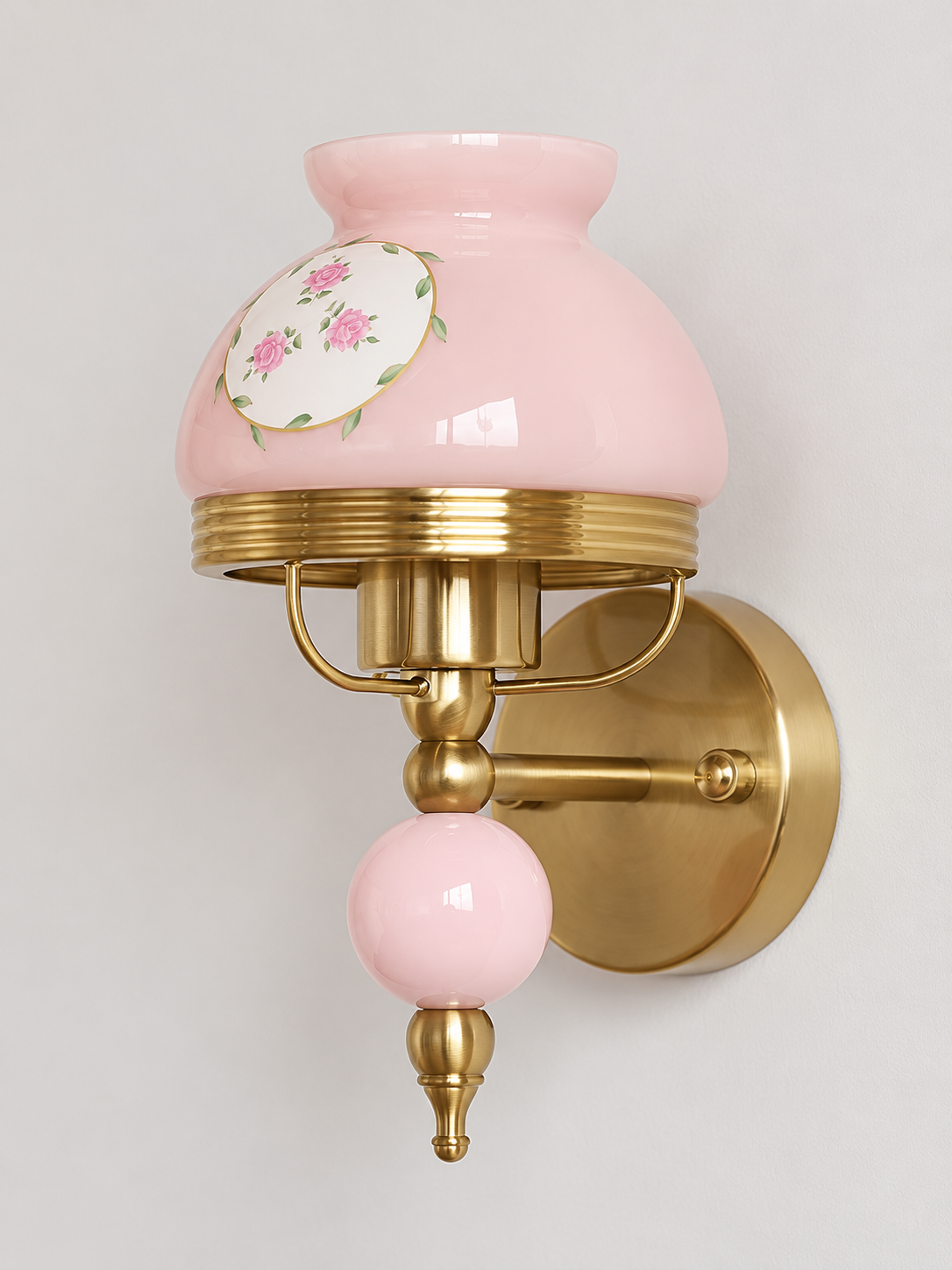 Pink or Cream Glass Wall Sconce with Decorative Sphere — Pink / Floral / Wall-switch version — unlit product view