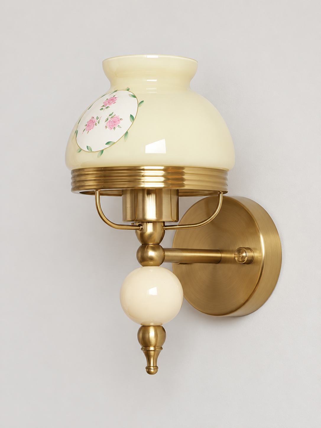 Pink or Cream Glass Wall Sconce with Decorative Sphere — Cream / Floral / Wall-switch version — unlit product view