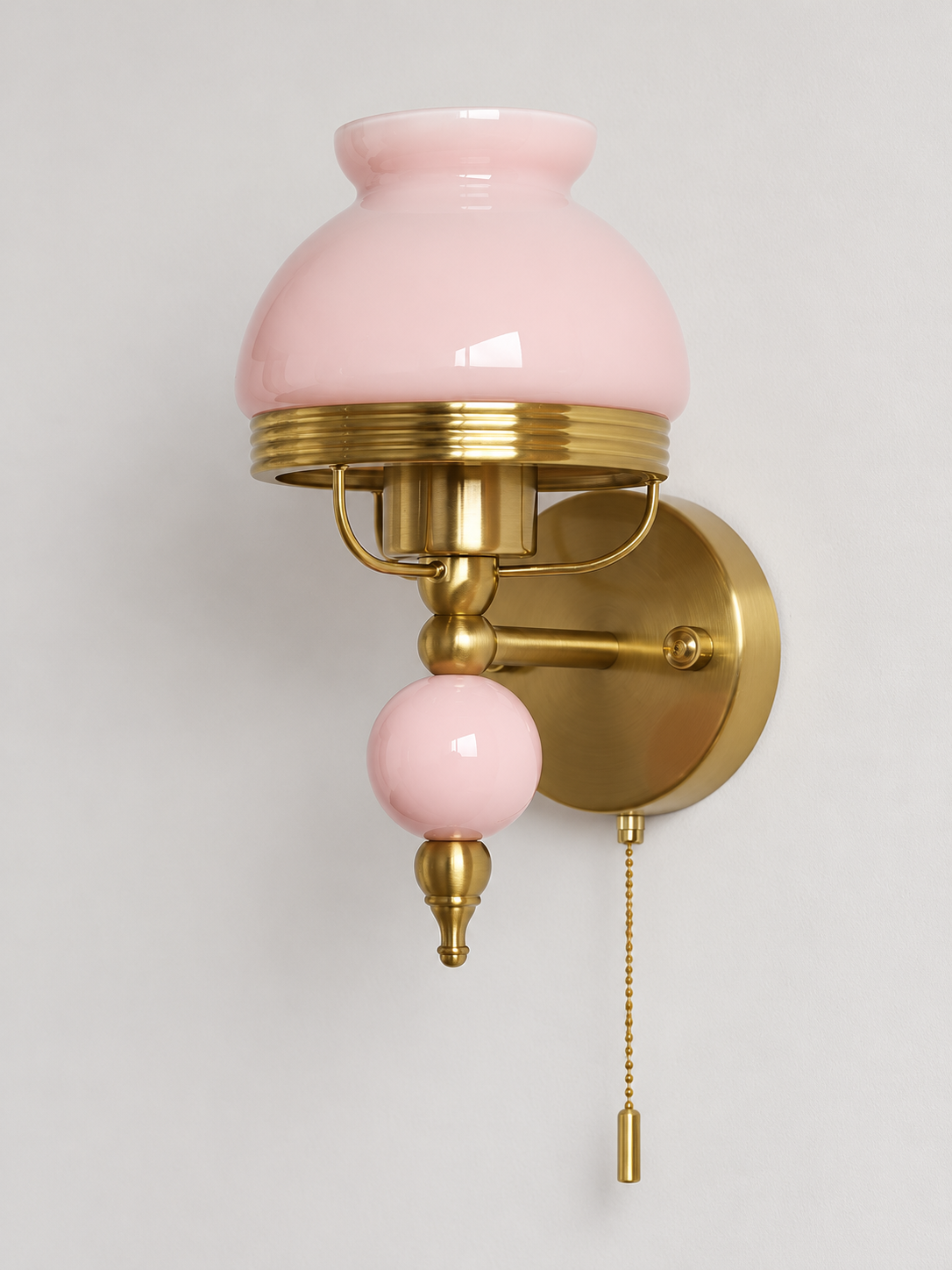 Pink or Cream Glass Wall Sconce with Decorative Sphere — Pink / Plain / Pull-chain switch — unlit product view