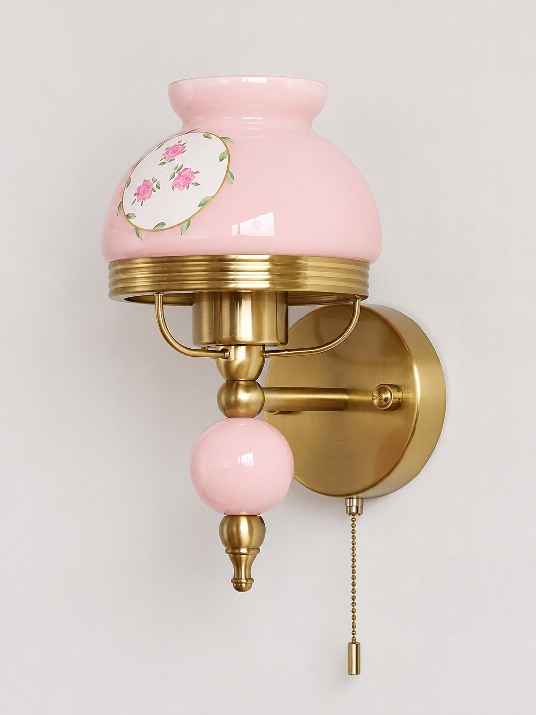 Pink or Cream Glass Wall Sconce with Decorative Sphere — Pink / Floral / Pull-chain switch — unlit product view