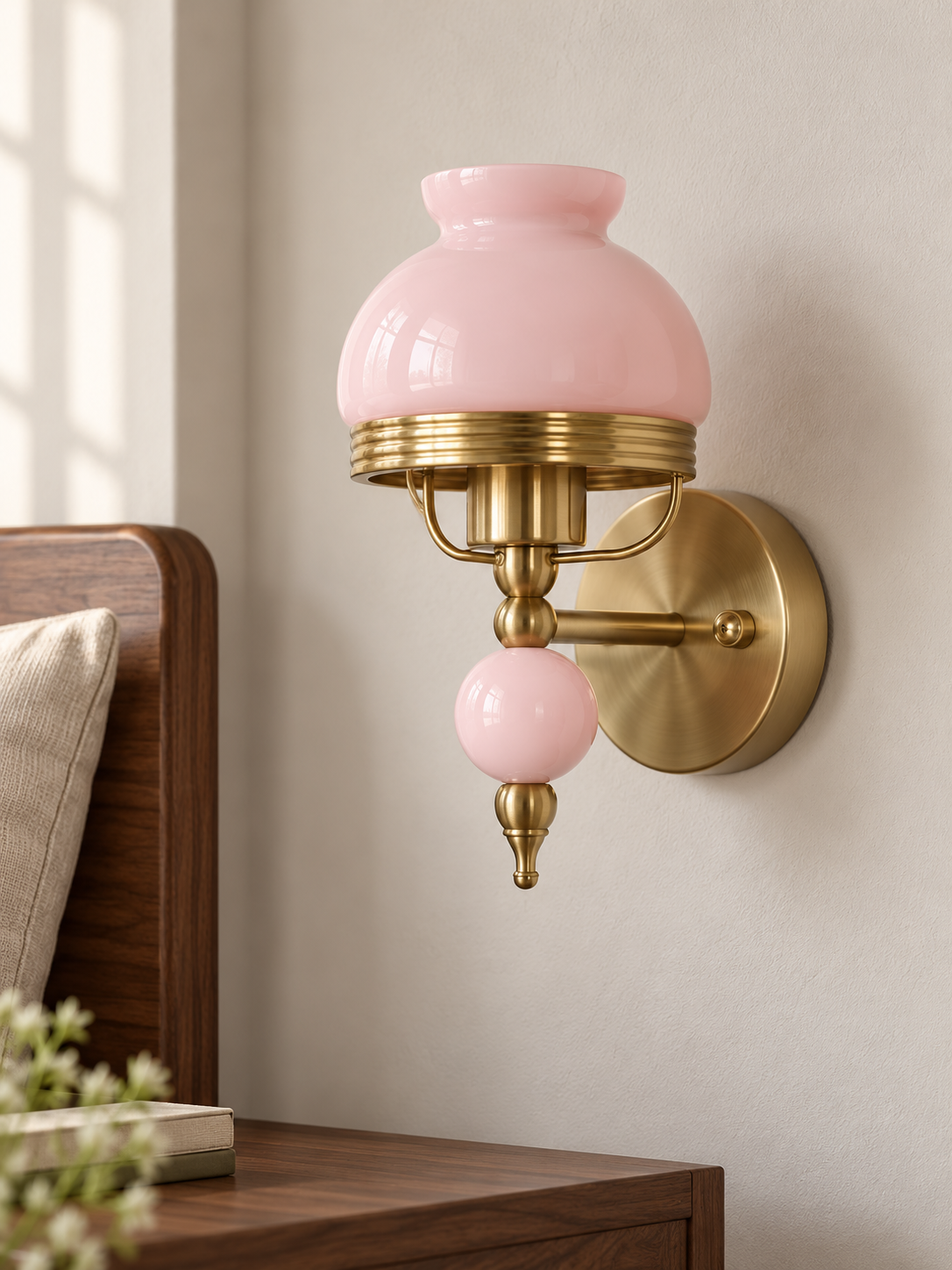 Pink or Cream Glass Wall Sconce with Decorative Sphere — Pink / Plain / Wall-switch version — unlit interior scene