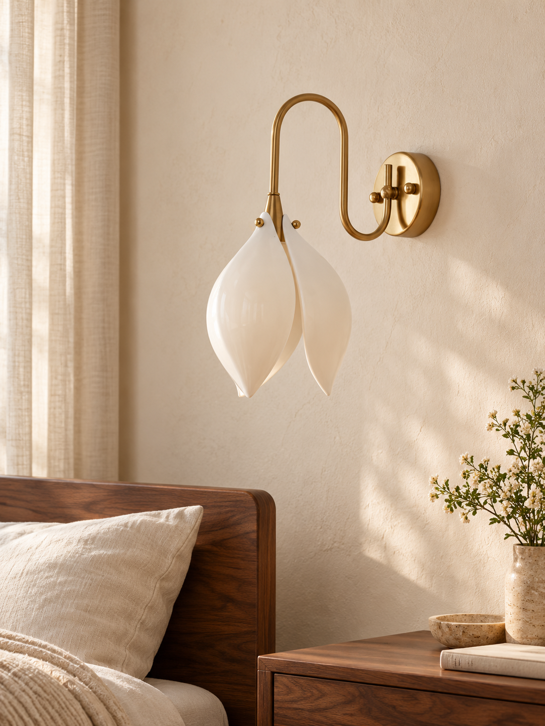 White Ceramic Petal Wall Sconce with Copper-Tone Arm — Copper-Tone / White / Wall Switch — unlit interior scene