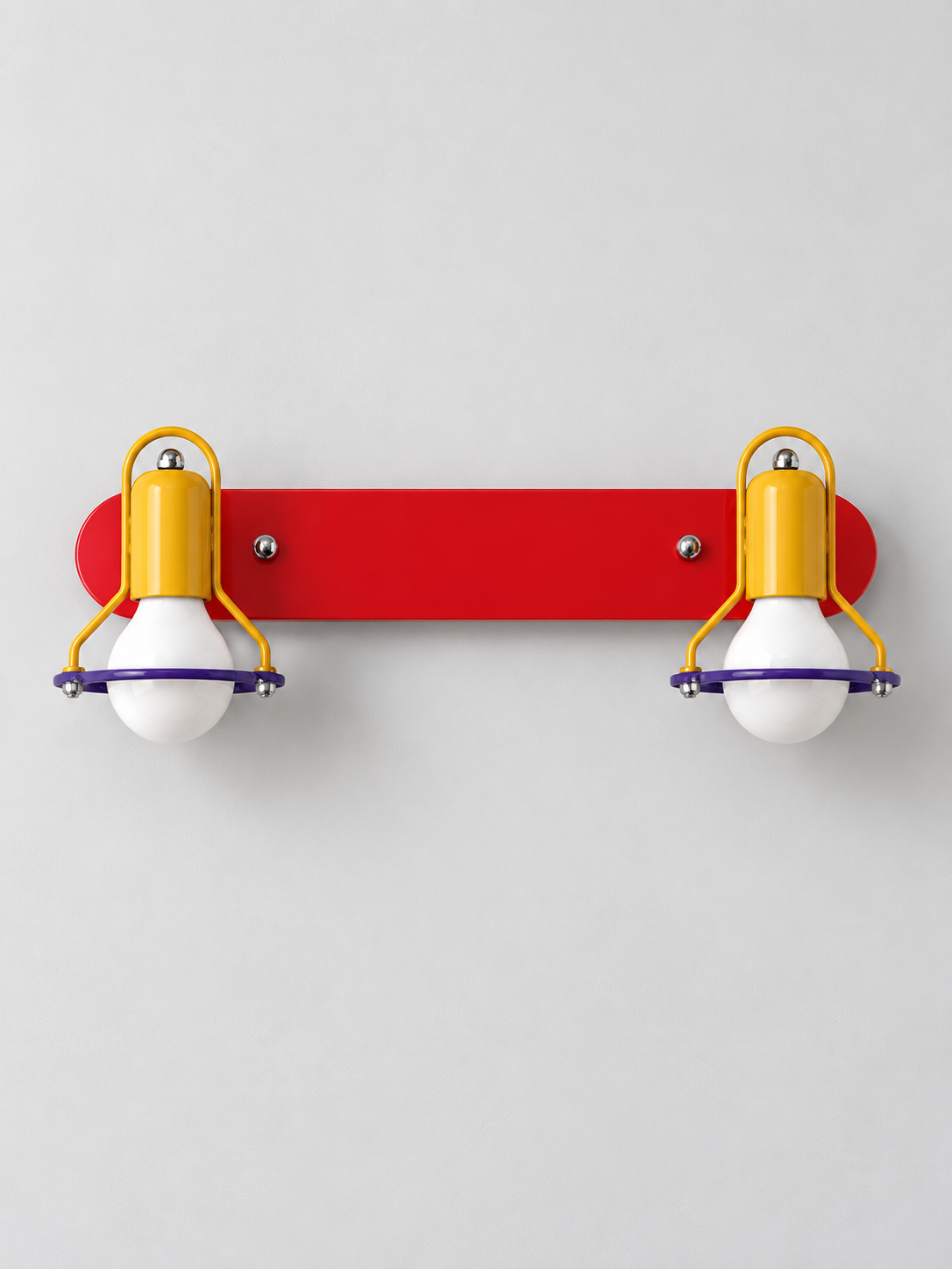 Double-Arm Wall Light with Blue or Red Backplate — Red Backplate / Opal-White Bulbs — unlit product view