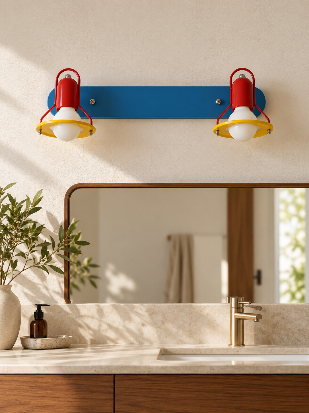 Double-Arm Wall Light with Blue or Red Backplate — Blue Backplate / Opal-White Bulbs — unlit interior scene