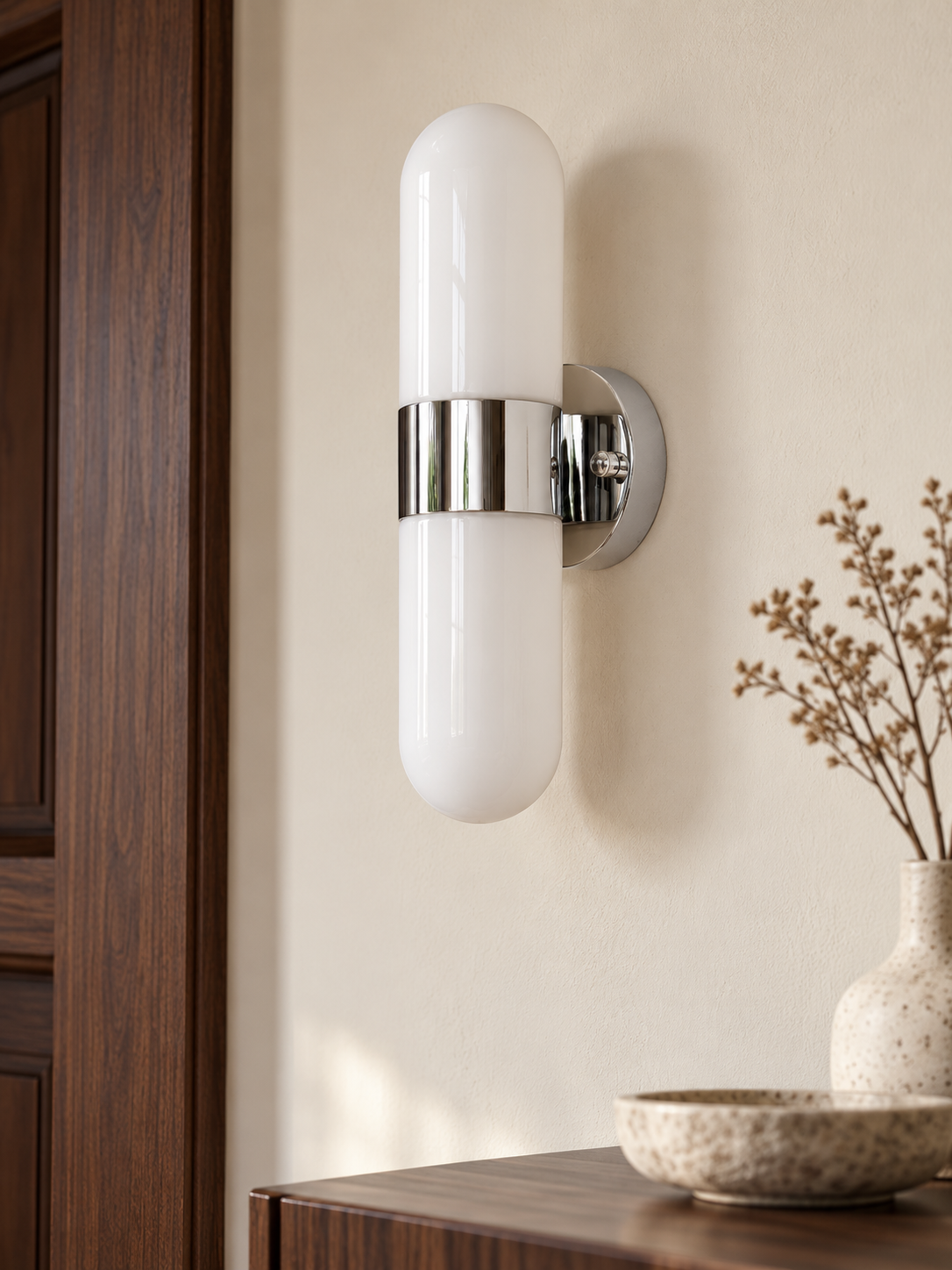 Twin Opal Glass Capsule Wall Sconce — Chrome + White — unlit interior scene
