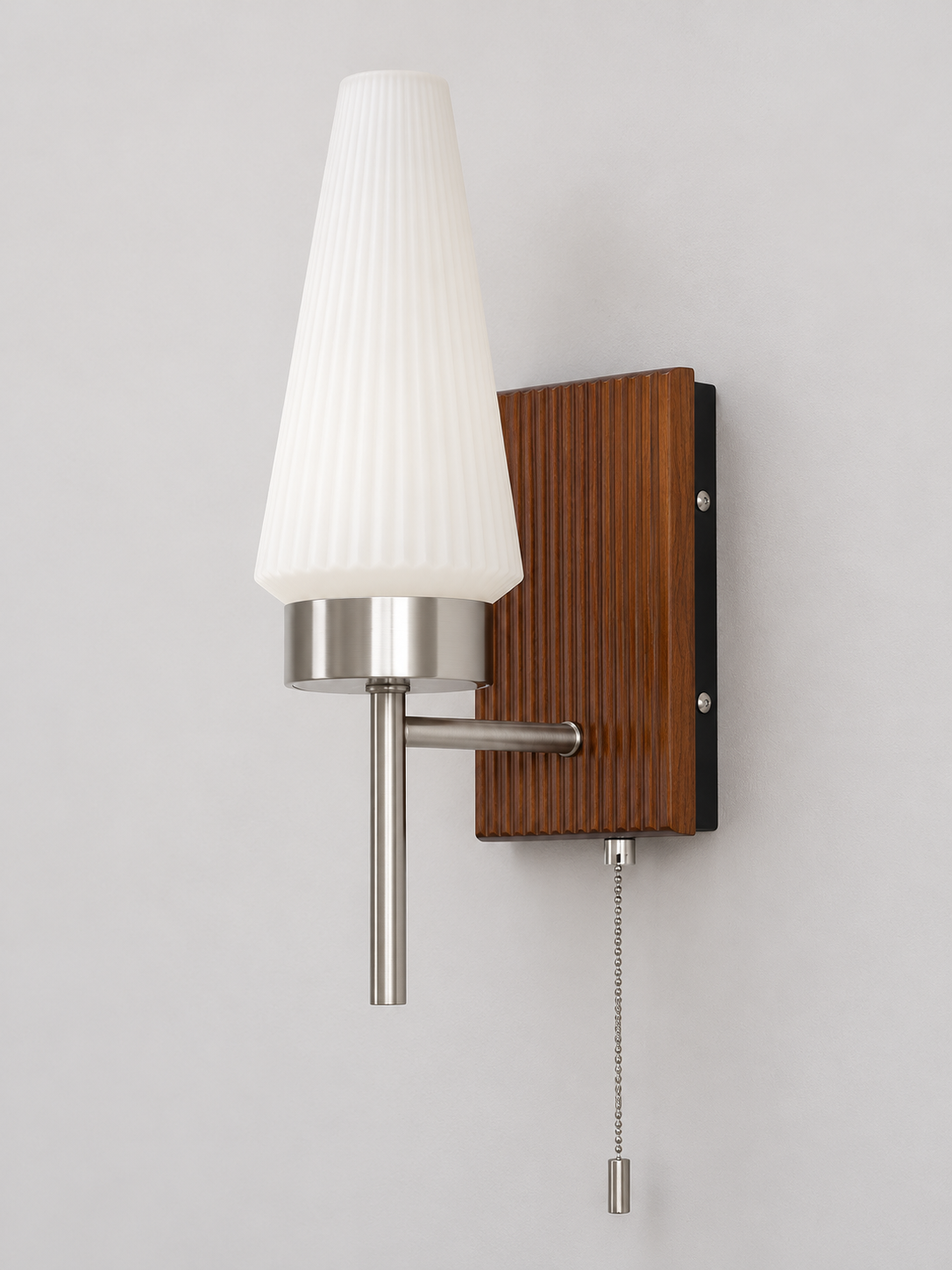 Tapered Glass and Walnut-Tone Wood Wall Sconce — Satin Nickel / Walnut-Tone / Pull-chain — unlit product view