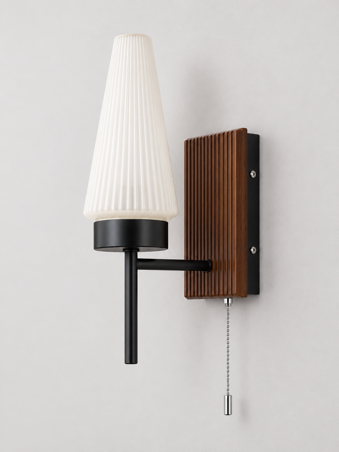 Tapered Glass and Walnut-Tone Wood Wall Sconce — Black / Walnut-Tone / Pull-chain — unlit product view