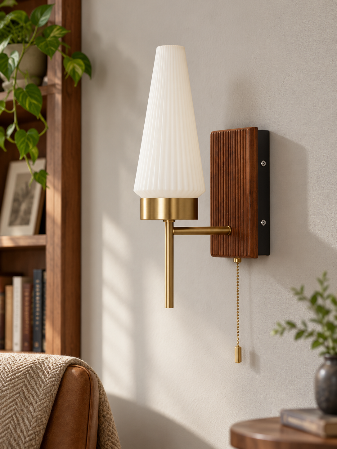 Tapered Glass and Walnut-Tone Wood Wall Sconce — Copper-Tone / Walnut-Tone / Pull-chain — unlit interior scene