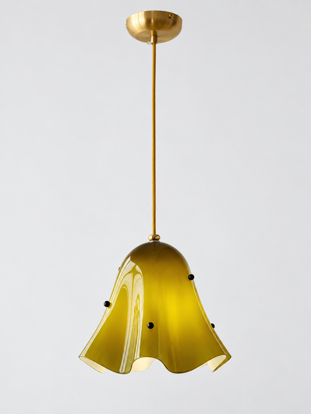 Scalloped Glass Pendant Light, Plain or Beaded — Olive Green / Beaded — unlit product view