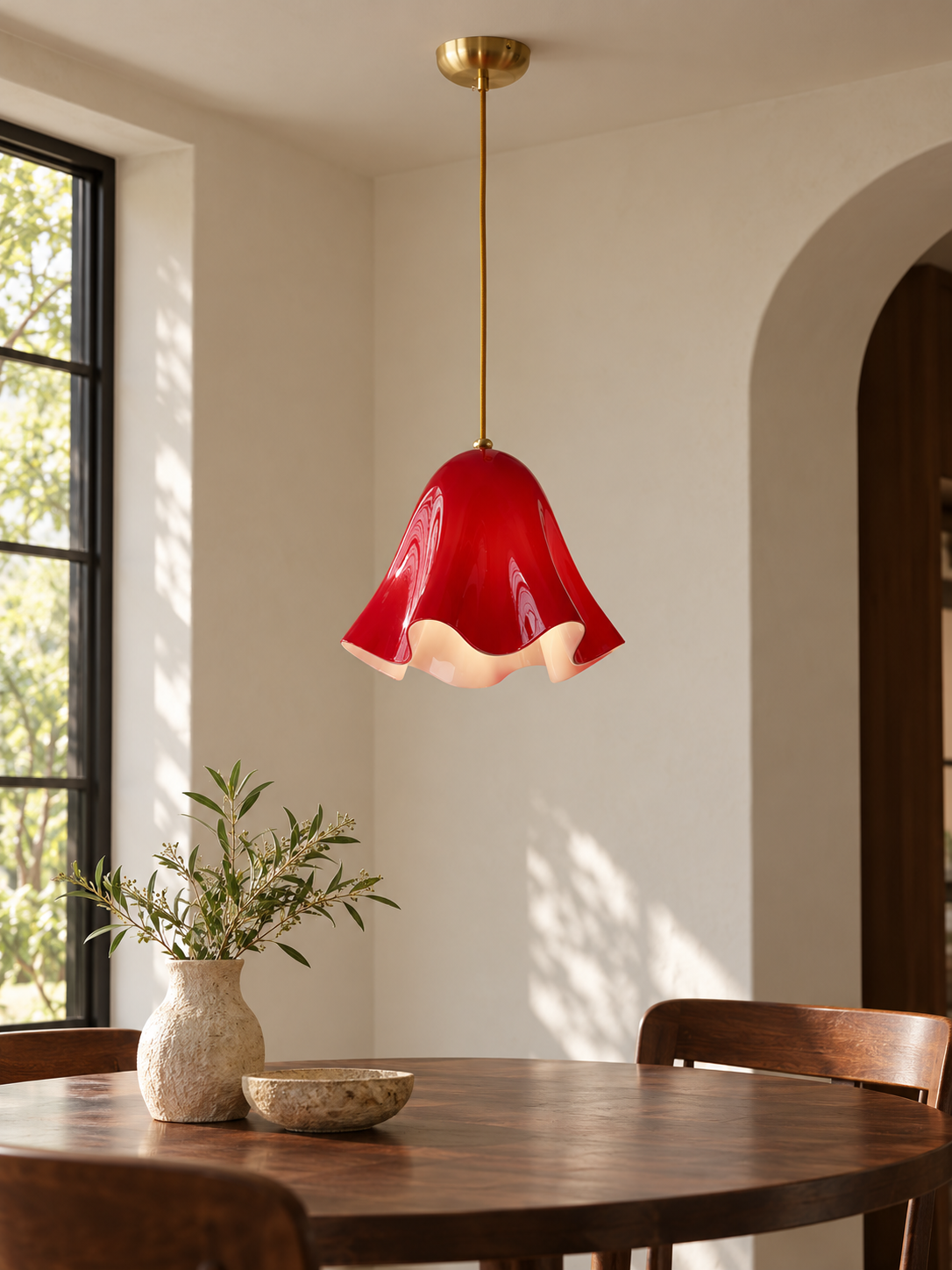 Scalloped Glass Pendant Light, Plain or Beaded — Red / Plain — unlit interior scene