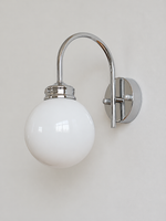 Curved-Arm Glass Globe Wall Sconce, 220–240V — Chrome / White — unlit product view