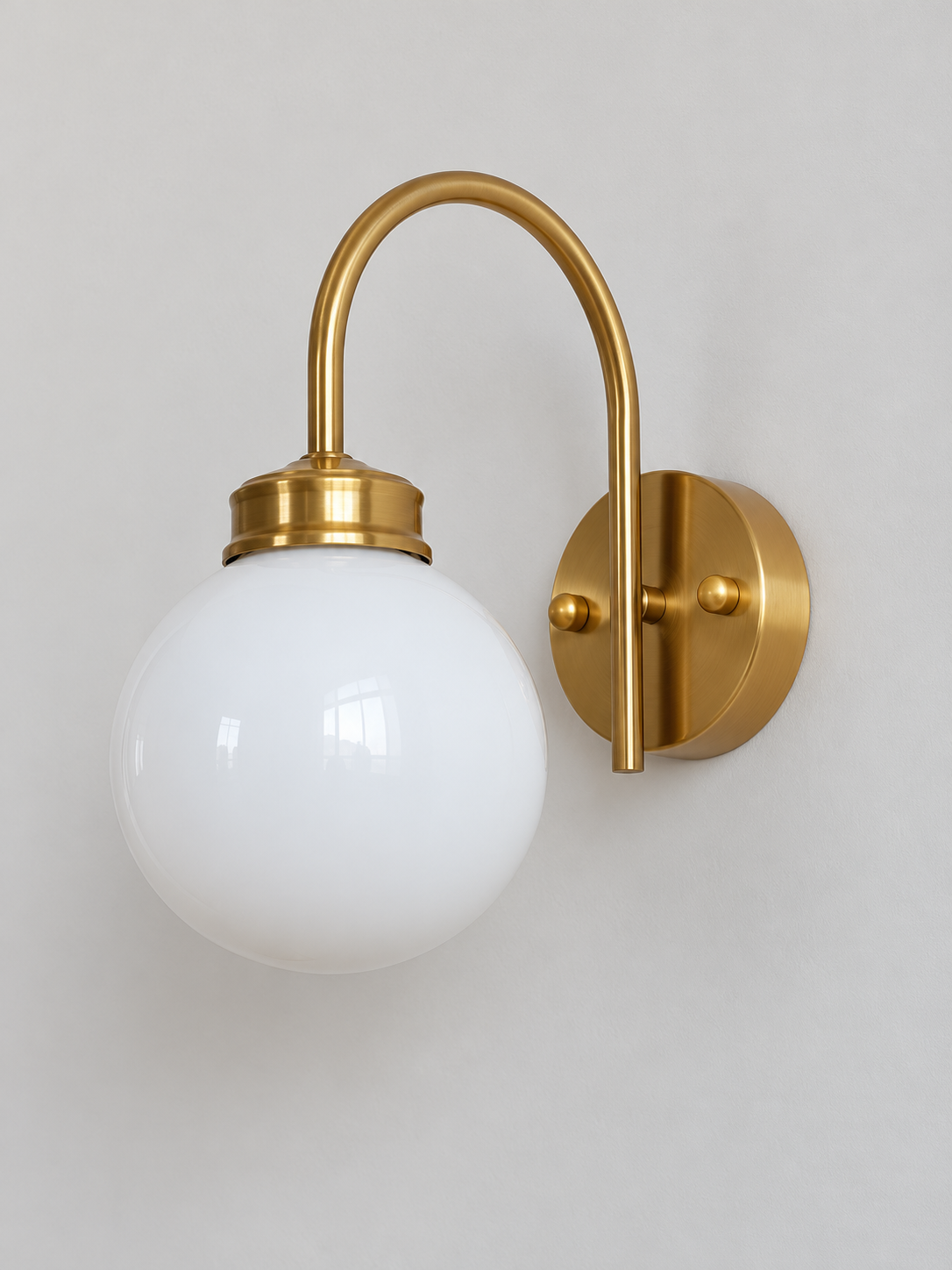 Curved-Arm Glass Globe Wall Sconce, 220–240V — Copper-Tone / White — unlit product view