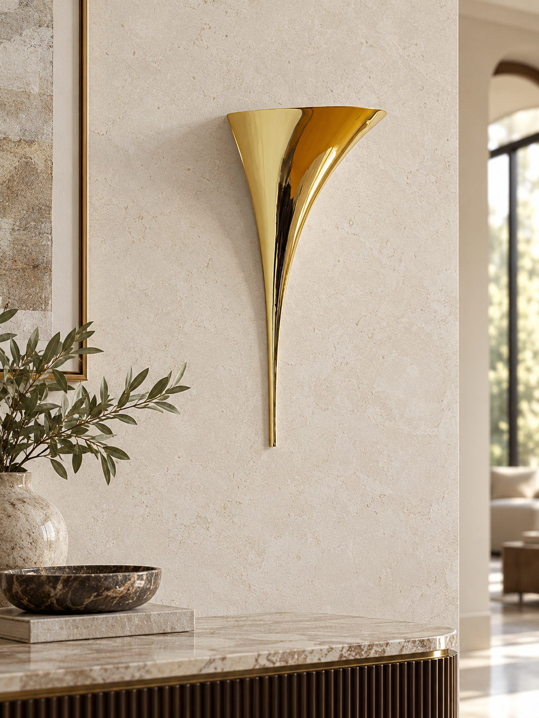 40 cm Tapered Metal Uplight Wall Sconce — Gold-Tone / 40 cm — unlit interior scene
