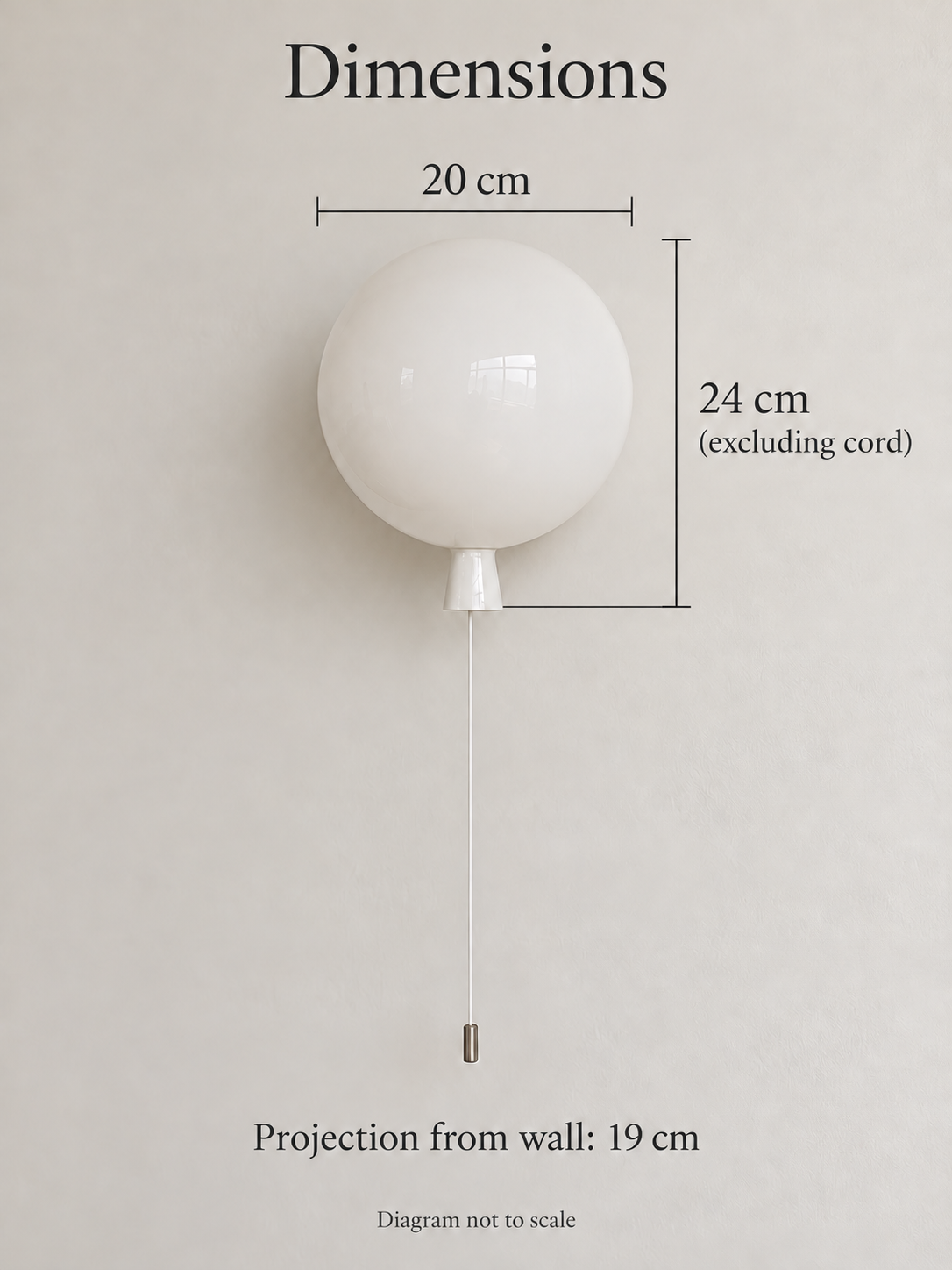 Balloon wall light dimensions: diameter20 cm, height24 cm excluding cord, projection19 cm