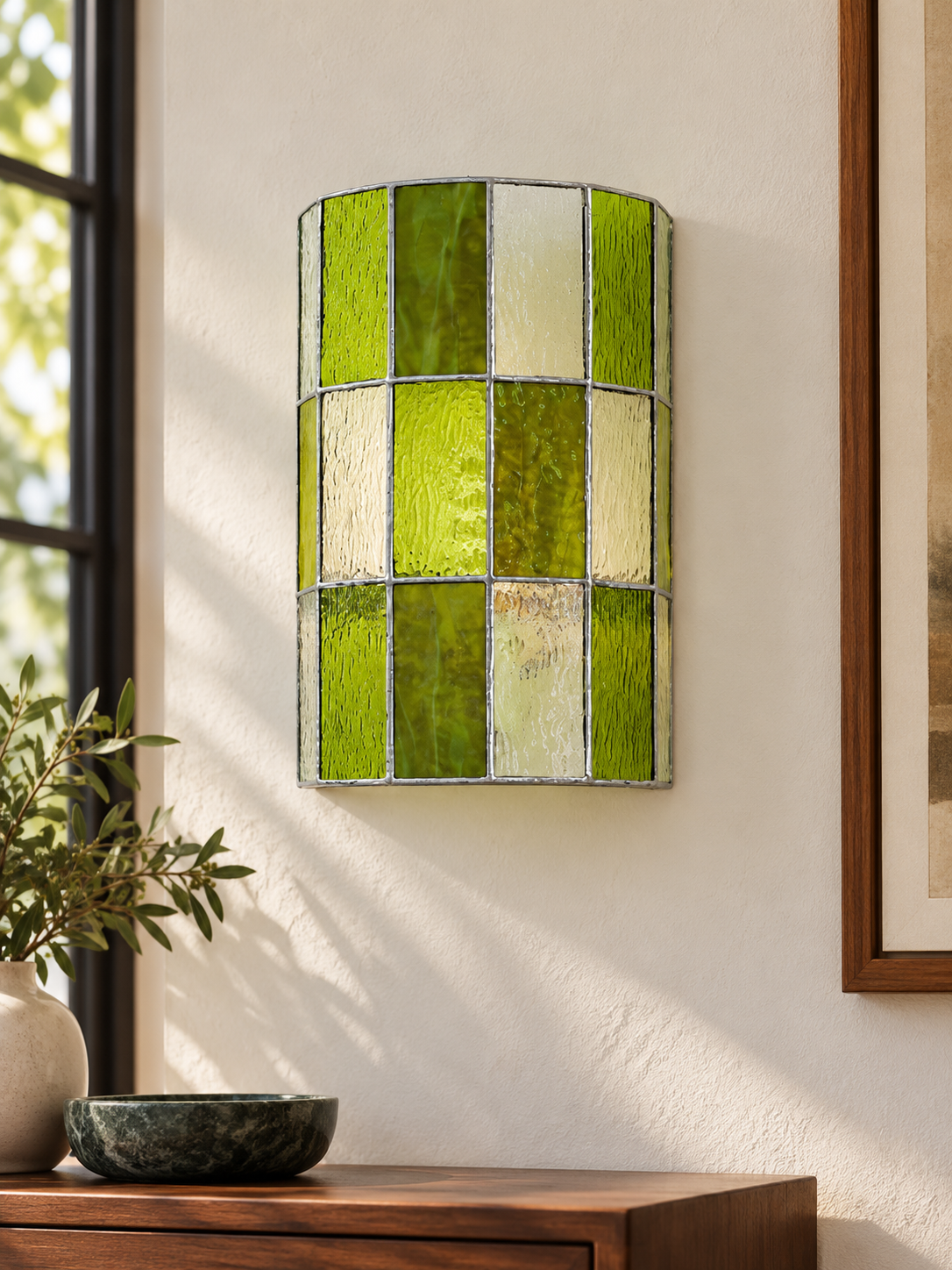 Curved Mosaic Glass Wall Sconce, 220–240V — Green — unlit interior scene