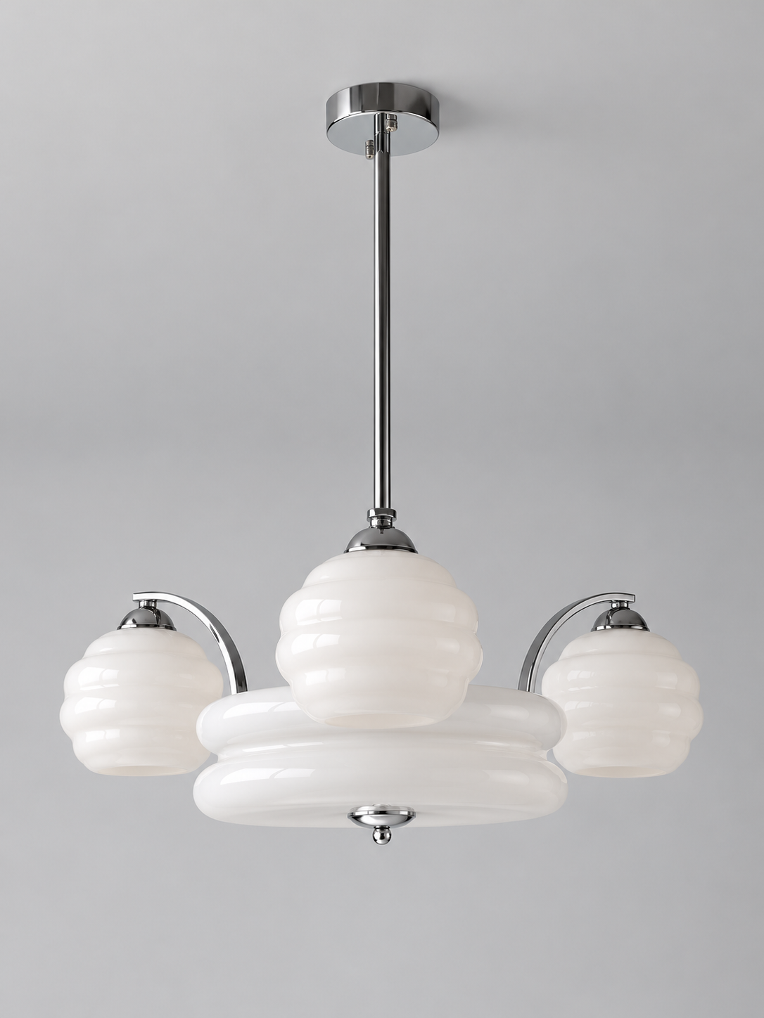 Sculpted Glass Chandelier in Chrome or Copper Tone — Chrome / White / 3+1 shades — unlit product view