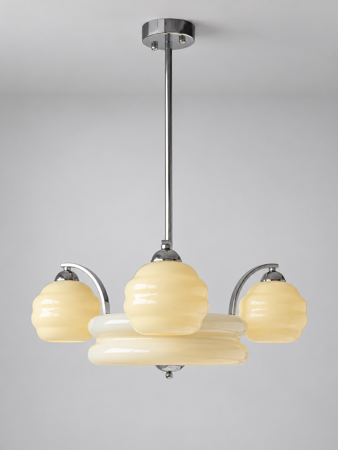 Sculpted Glass Chandelier in Chrome or Copper Tone — Chrome / Cream / 3+1 shades — unlit product view