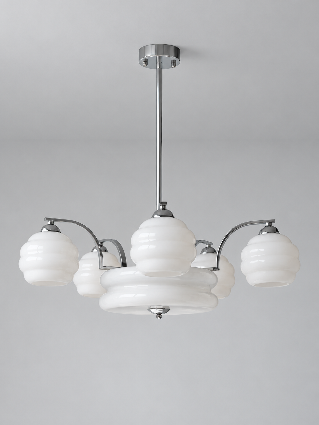 Sculpted Glass Chandelier in Chrome or Copper Tone — Chrome / White / 5+1 shades — unlit product view
