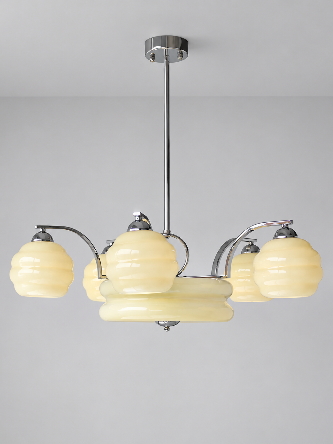 Sculpted Glass Chandelier in Chrome or Copper Tone — Chrome / Cream / 5+1 shades — unlit product view