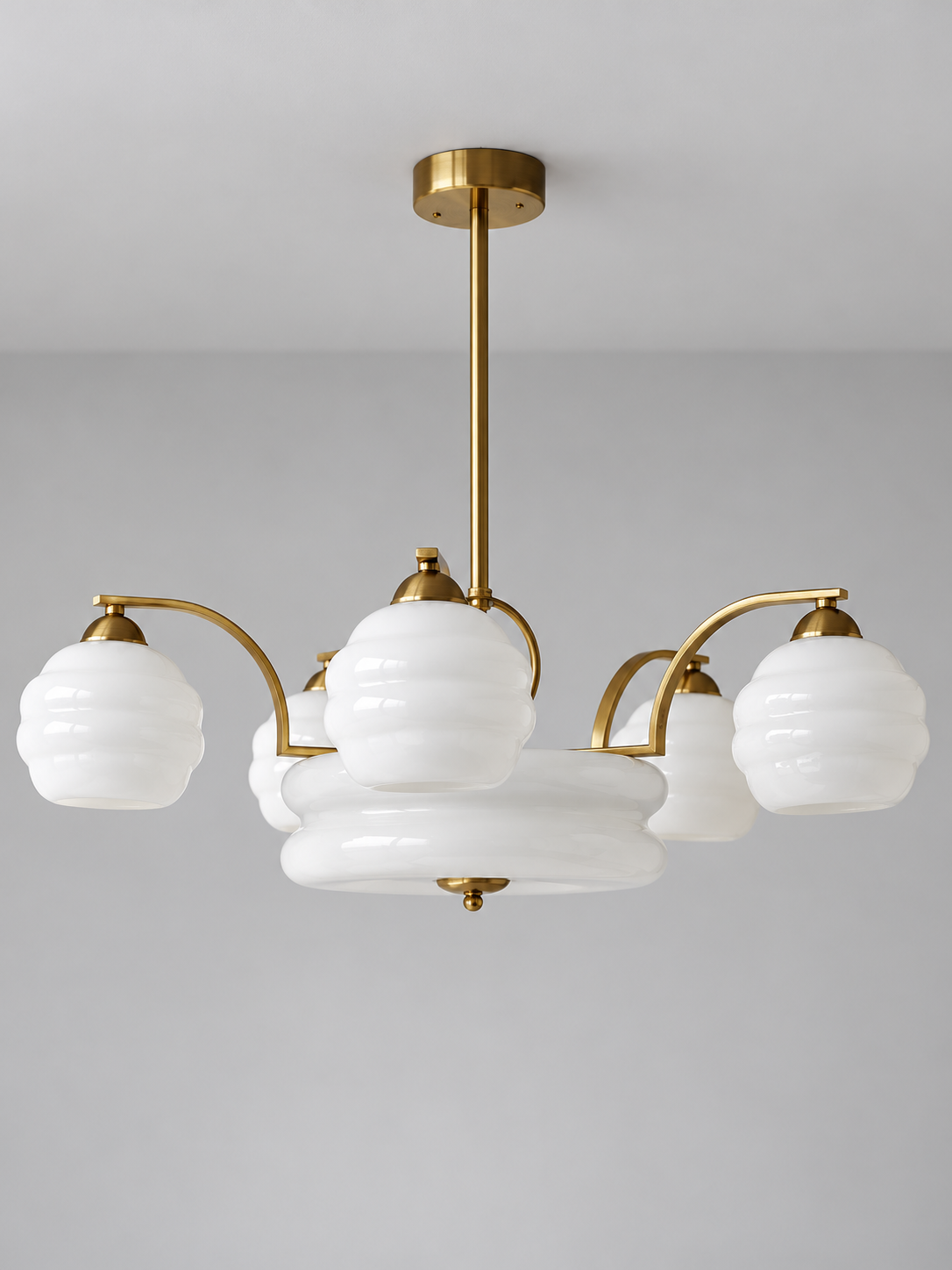 Sculpted Glass Chandelier in Chrome or Copper Tone — Copper-Tone / White / 5+1 shades — unlit product view