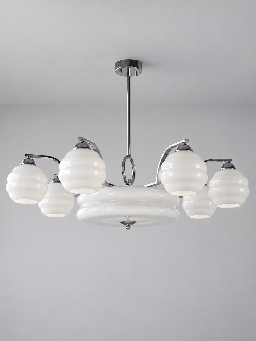 Sculpted Glass Chandelier in Chrome or Copper Tone — Chrome / White / 7+1 shades — unlit product view