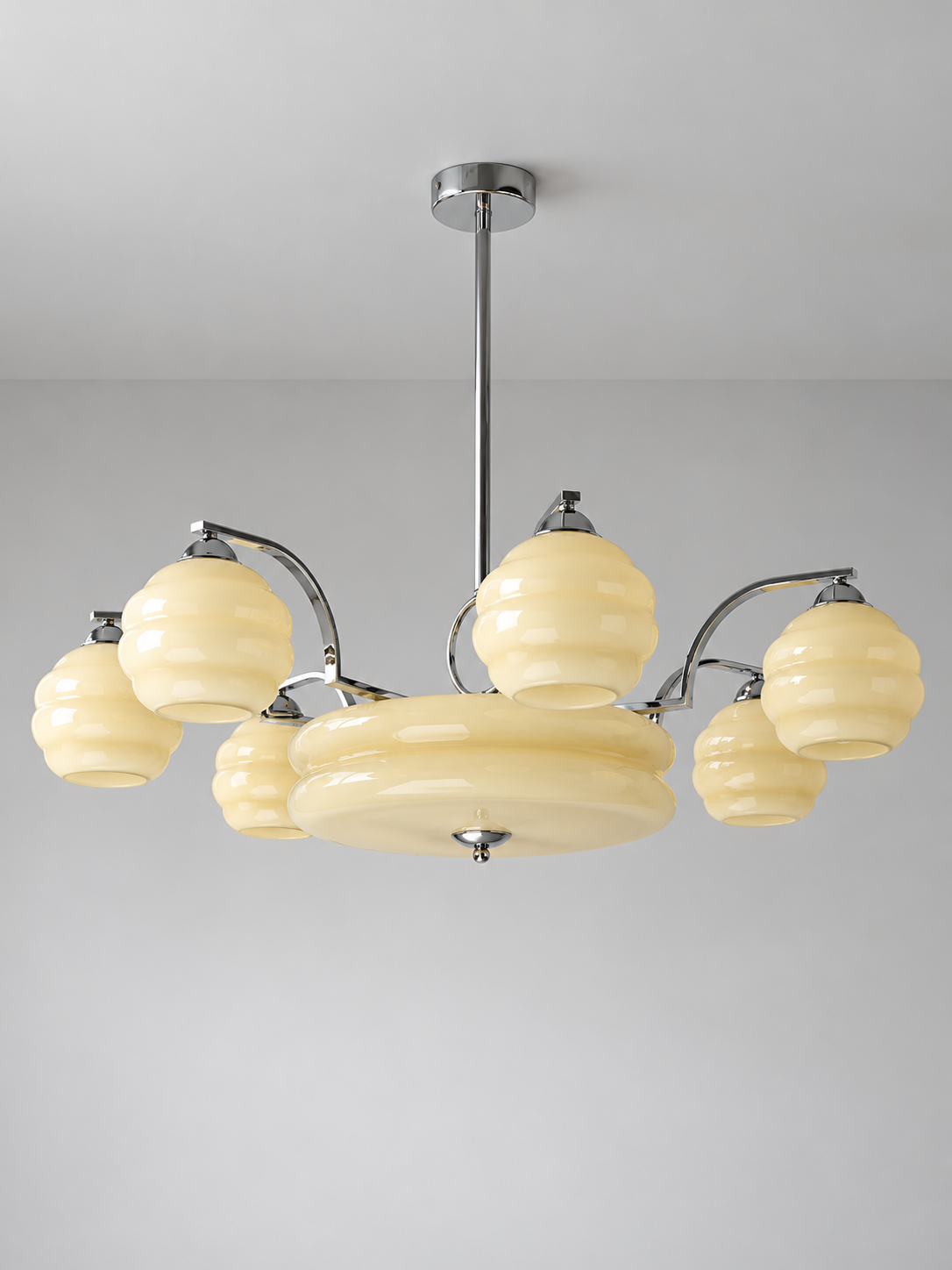 Sculpted Glass Chandelier in Chrome or Copper Tone — Chrome / Cream / 7+1 shades — unlit product view