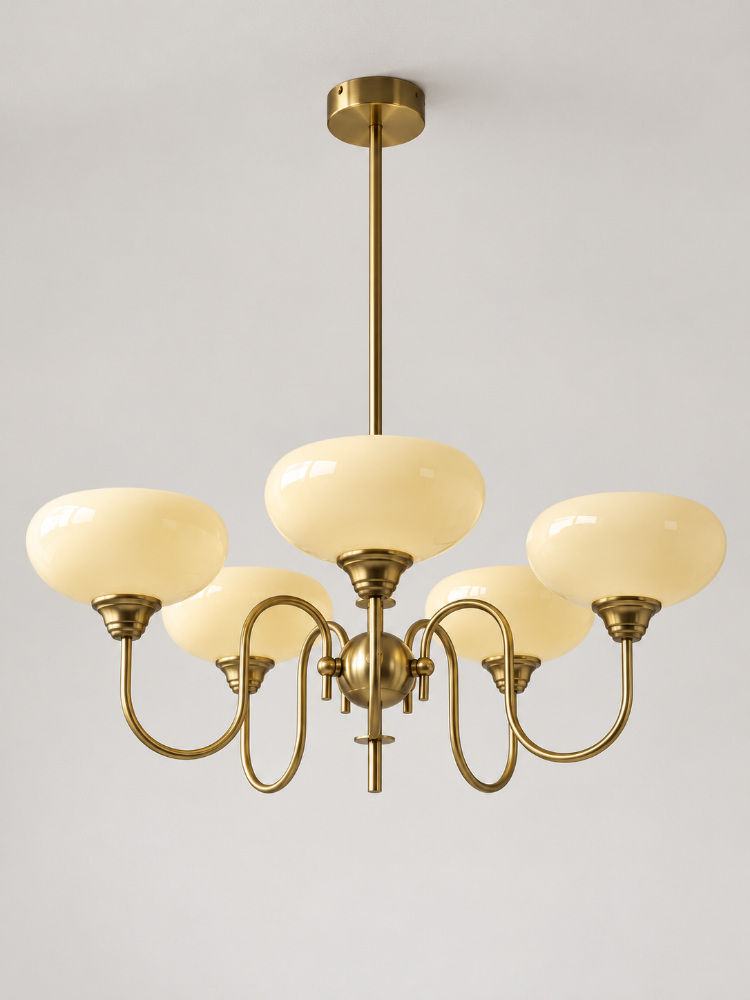 Copper / Cream / 5 lights looped-arm glass bowl chandelier, unlit