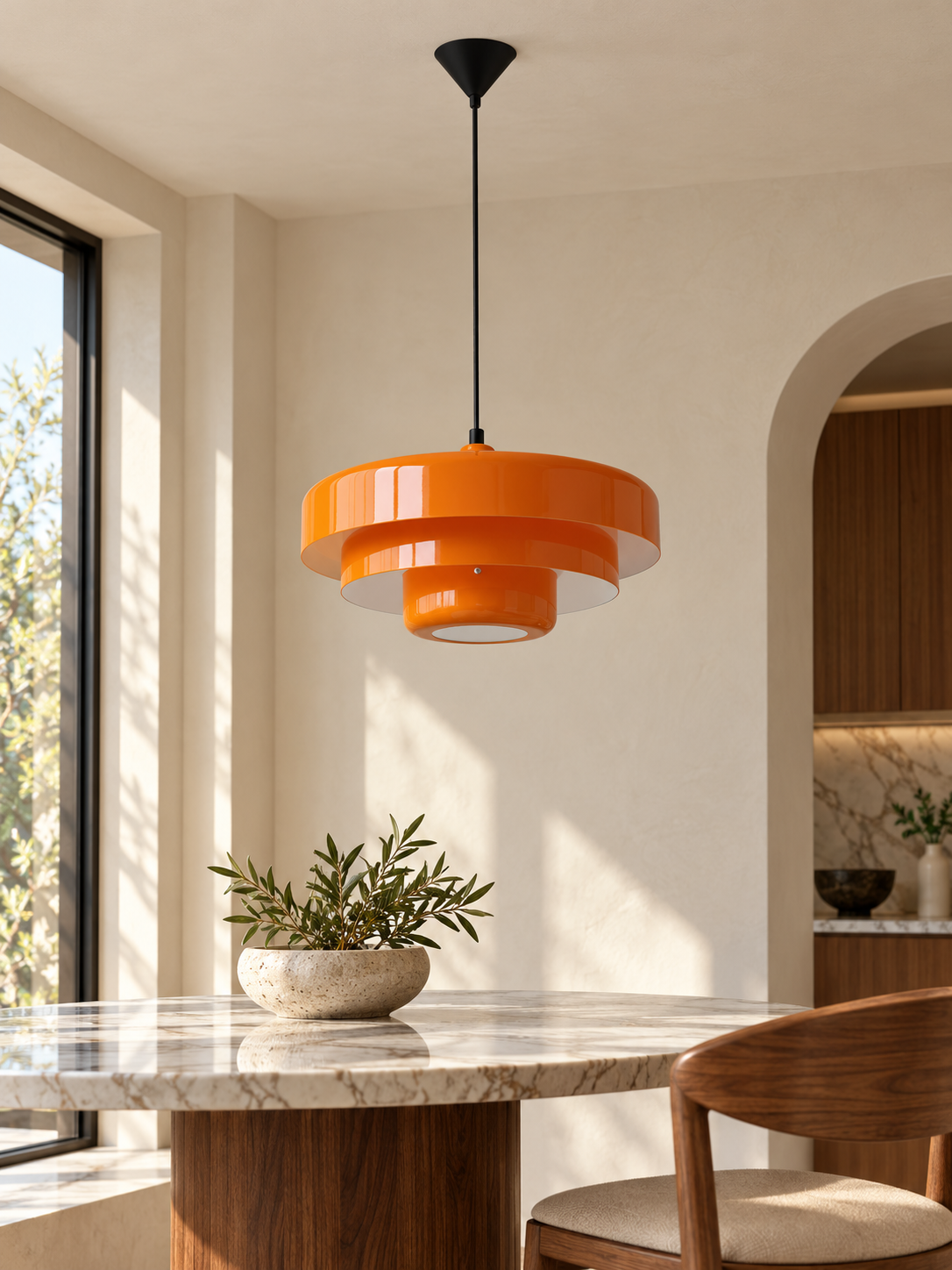 Layered Metal Pendant Light in Orange, White or Dark Green — Orange — unlit interior scene