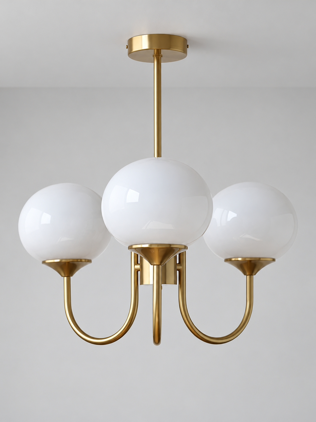 Curved-Arm Glass Globe Chandelier — 3-Light / Copper-Tone / Opal White — unlit product view