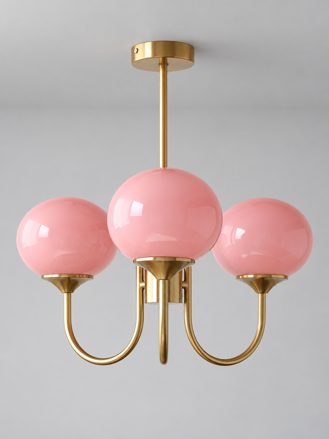 Curved-Arm Glass Globe Chandelier — 3-Light / Copper-Tone / Pink — unlit product view