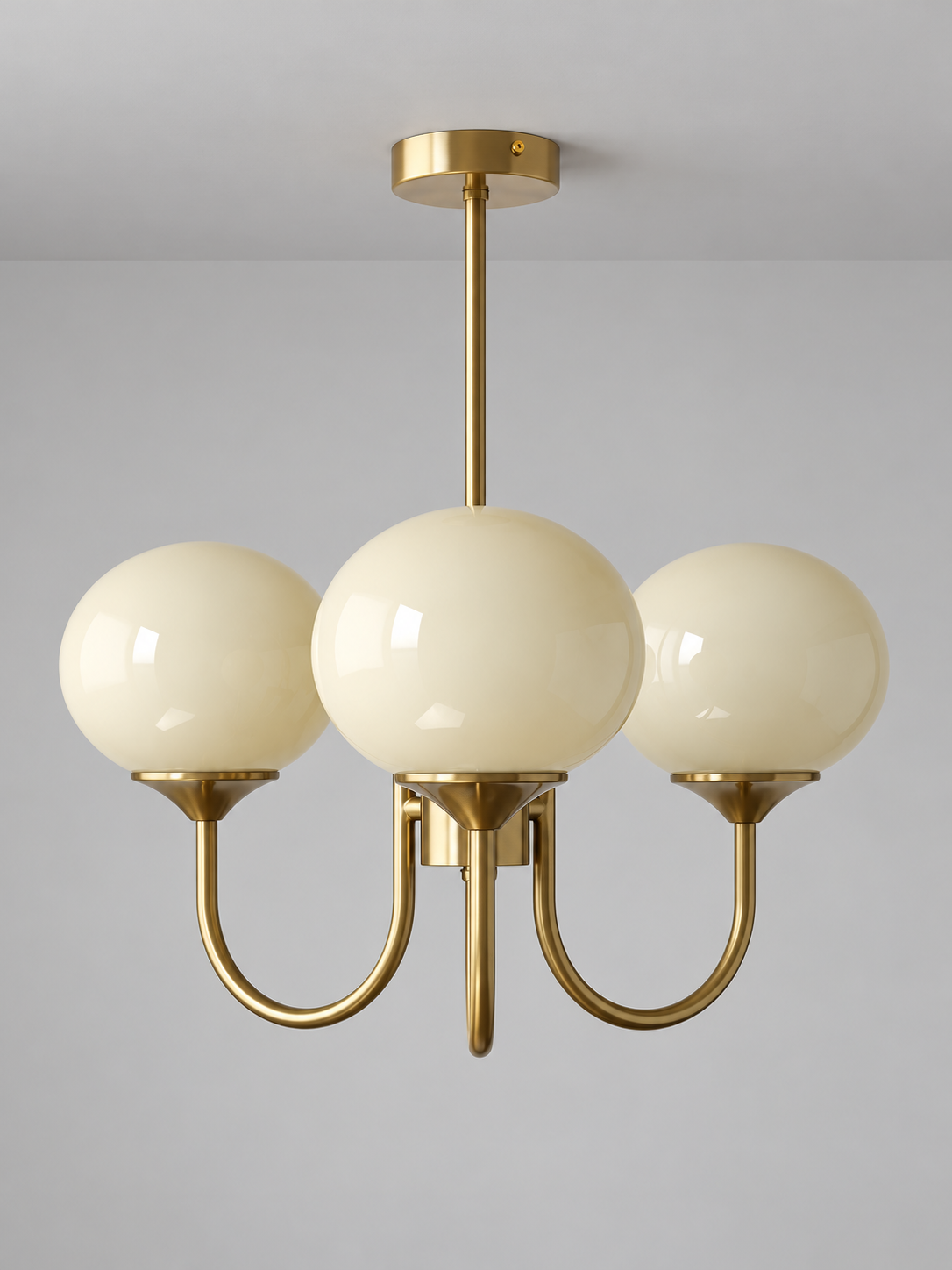 Curved-Arm Glass Globe Chandelier — 3-Light / Copper-Tone / Cream — unlit product view
