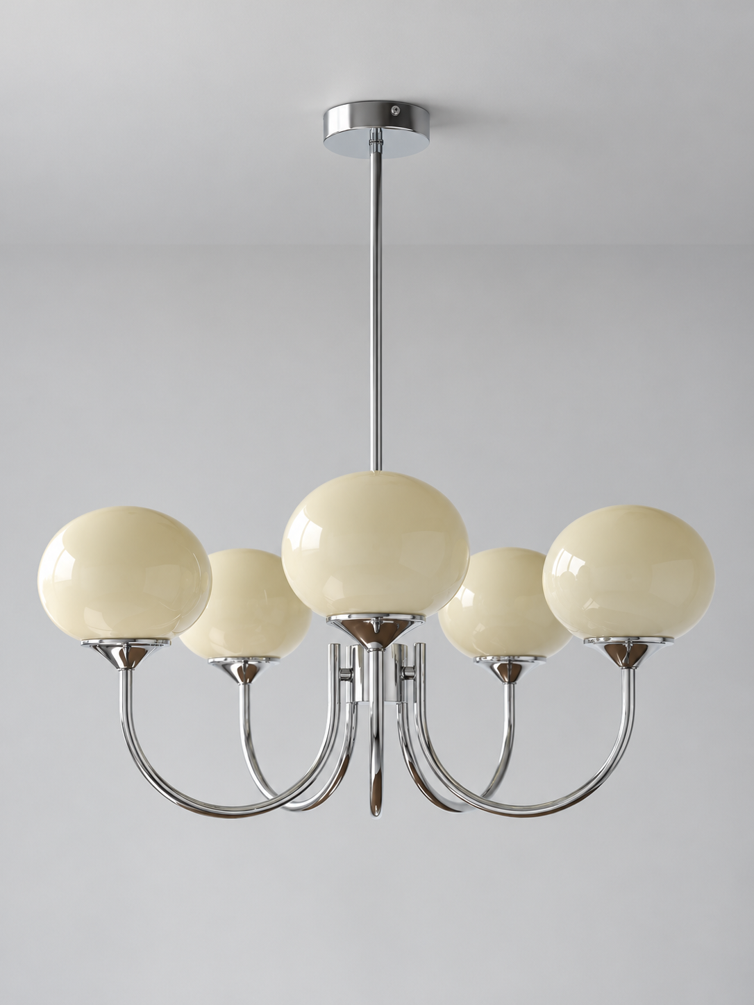 Curved-Arm Glass Globe Chandelier — 5-Light / Chrome / Cream — unlit product view