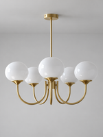 Curved-Arm Glass Globe Chandelier — 5-Light / Copper-Tone / Opal White — unlit product view