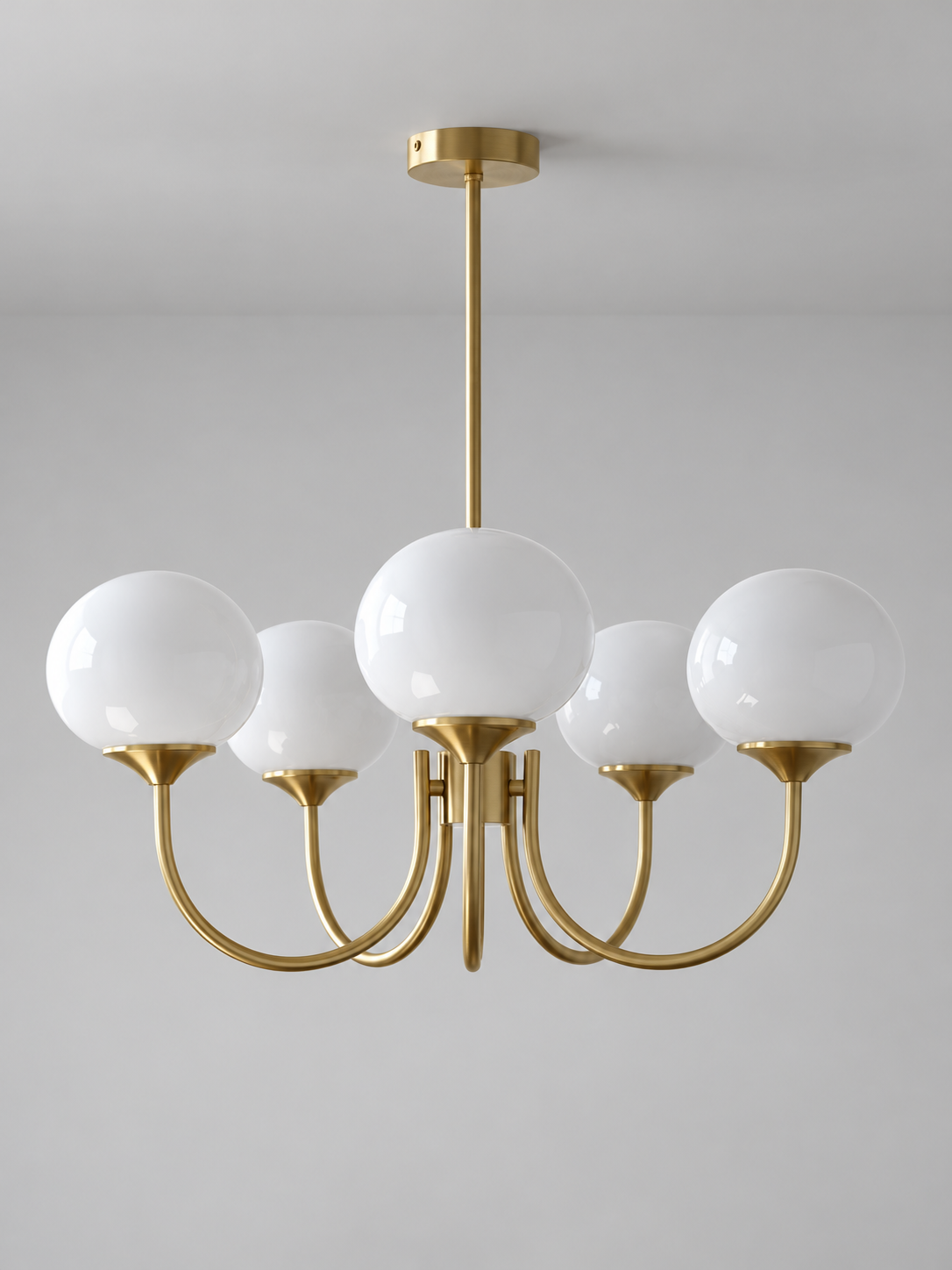 Curved-Arm Glass Globe Chandelier — 5-Light / Copper-Tone / Opal White — unlit product view
