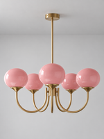 Curved-Arm Glass Globe Chandelier — 5-Light / Copper-Tone / Pink — unlit product view
