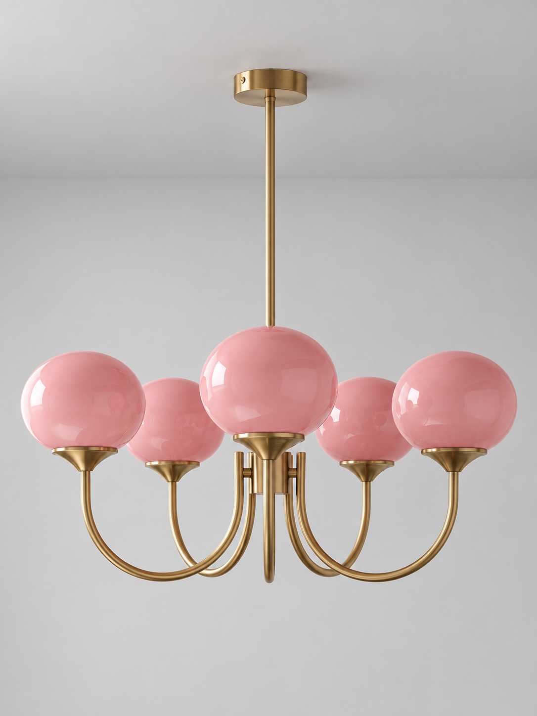 Curved-Arm Glass Globe Chandelier — 5-Light / Copper-Tone / Pink — unlit product view