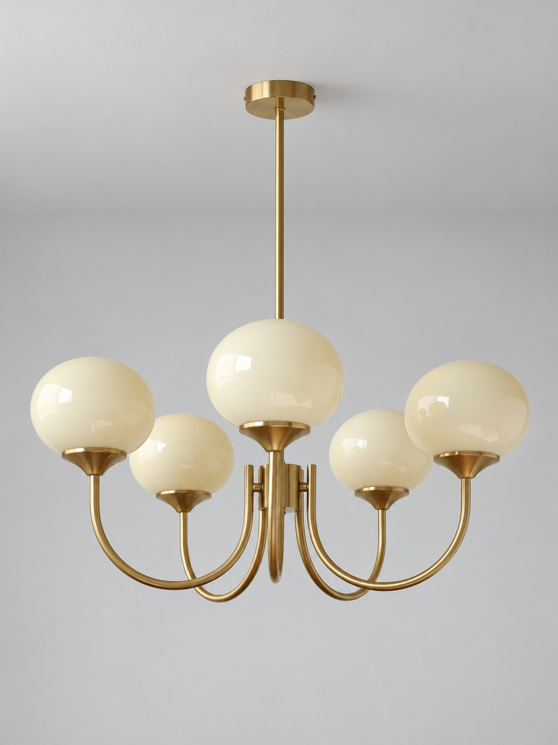 Curved-Arm Glass Globe Chandelier — 5-Light / Copper-Tone / Cream — unlit product view