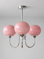 Curved-Arm Glass Globe Chandelier — 3-Light / Chrome / Pink — unlit product view