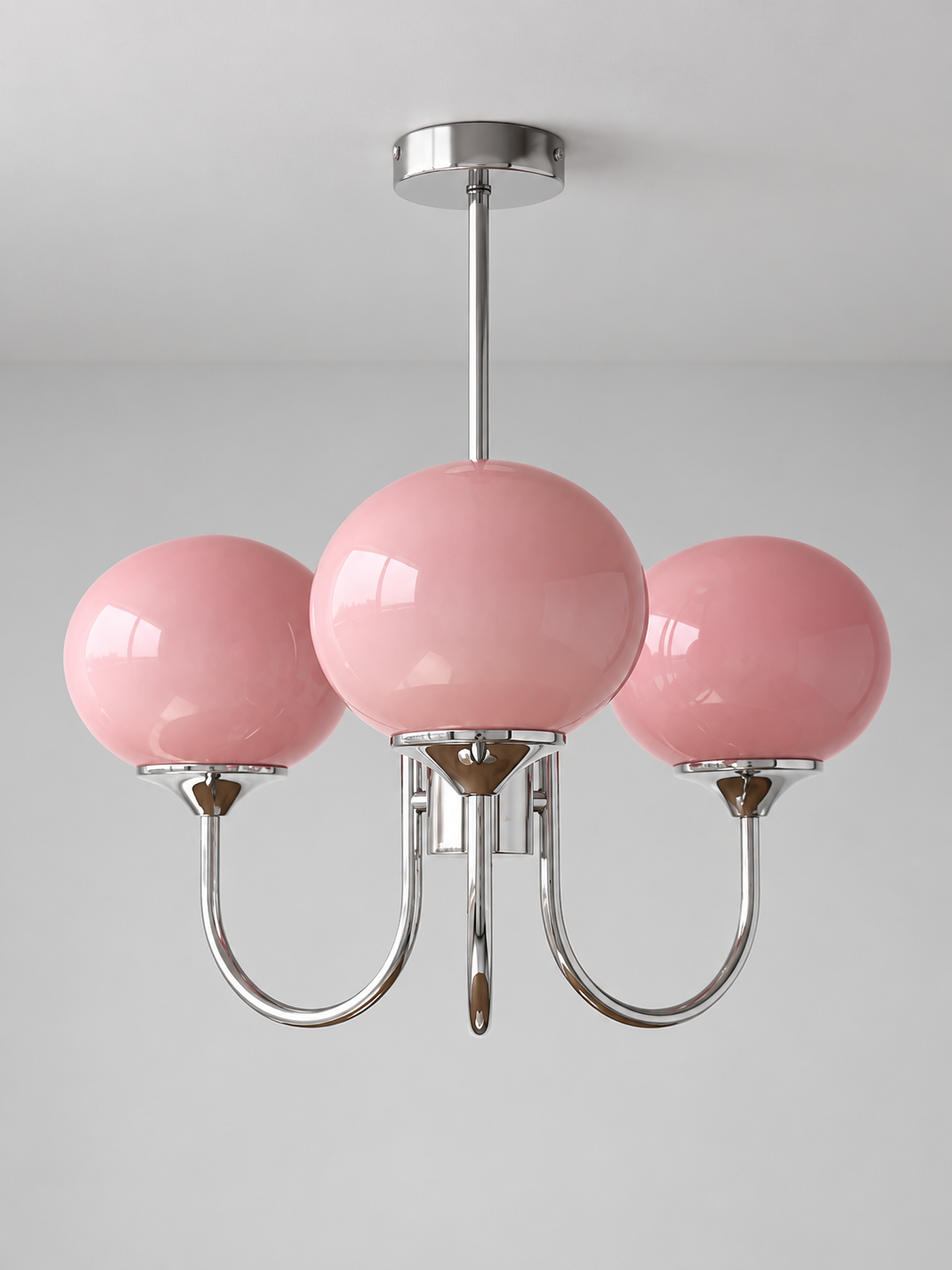Curved-Arm Glass Globe Chandelier — 3-Light / Chrome / Pink — unlit product view
