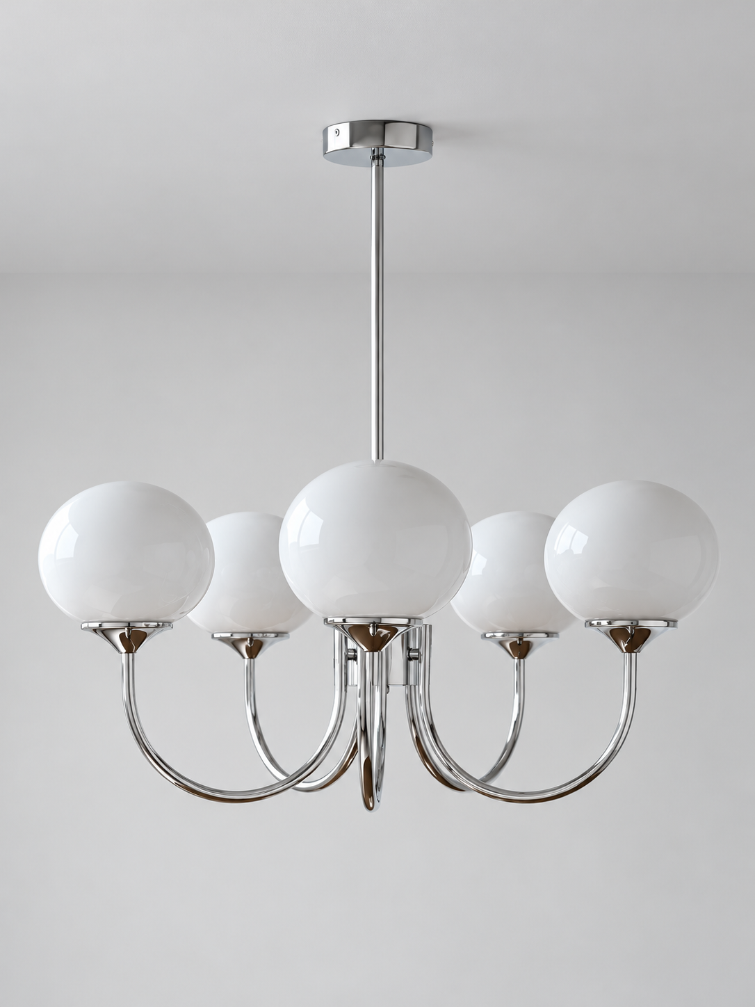 Curved-Arm Glass Globe Chandelier — 5-Light / Chrome / Opal White — unlit product view