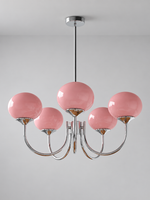 Curved-Arm Glass Globe Chandelier — 5-Light / Chrome / Pink — unlit product view