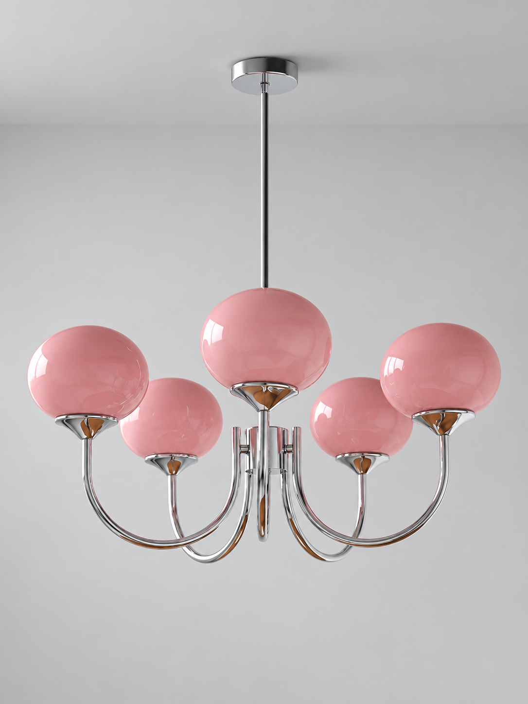 Curved-Arm Glass Globe Chandelier — 5-Light / Chrome / Pink — unlit product view