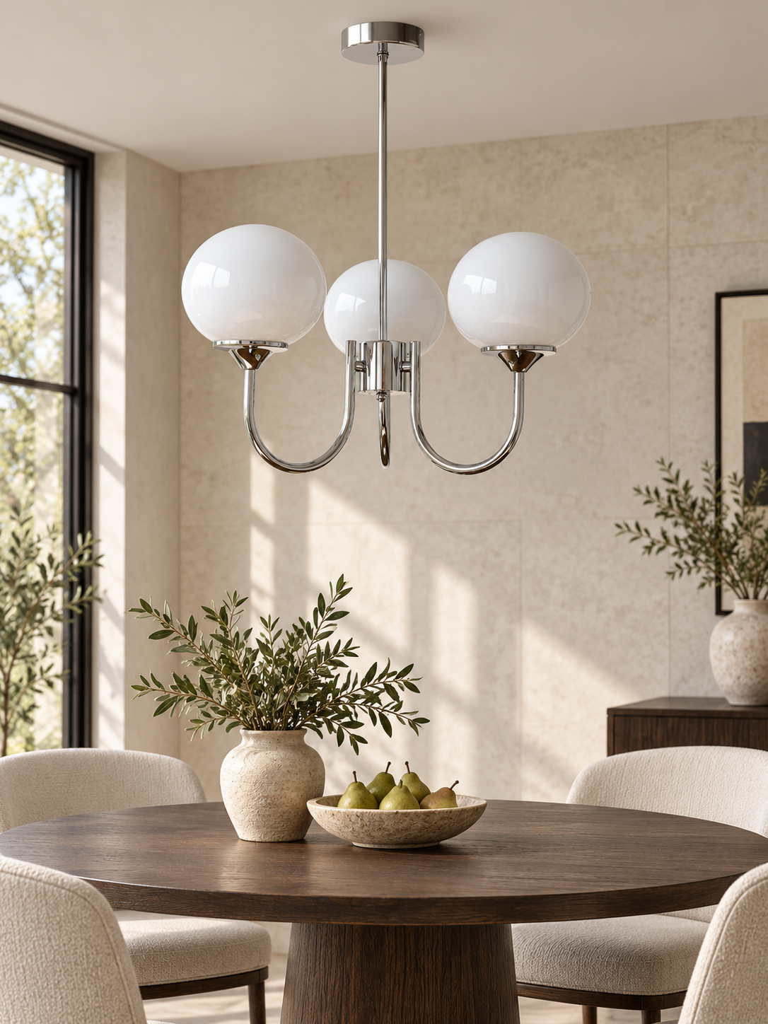 Curved-Arm Glass Globe Chandelier — 3-Light / Chrome / Opal White — unlit interior scene
