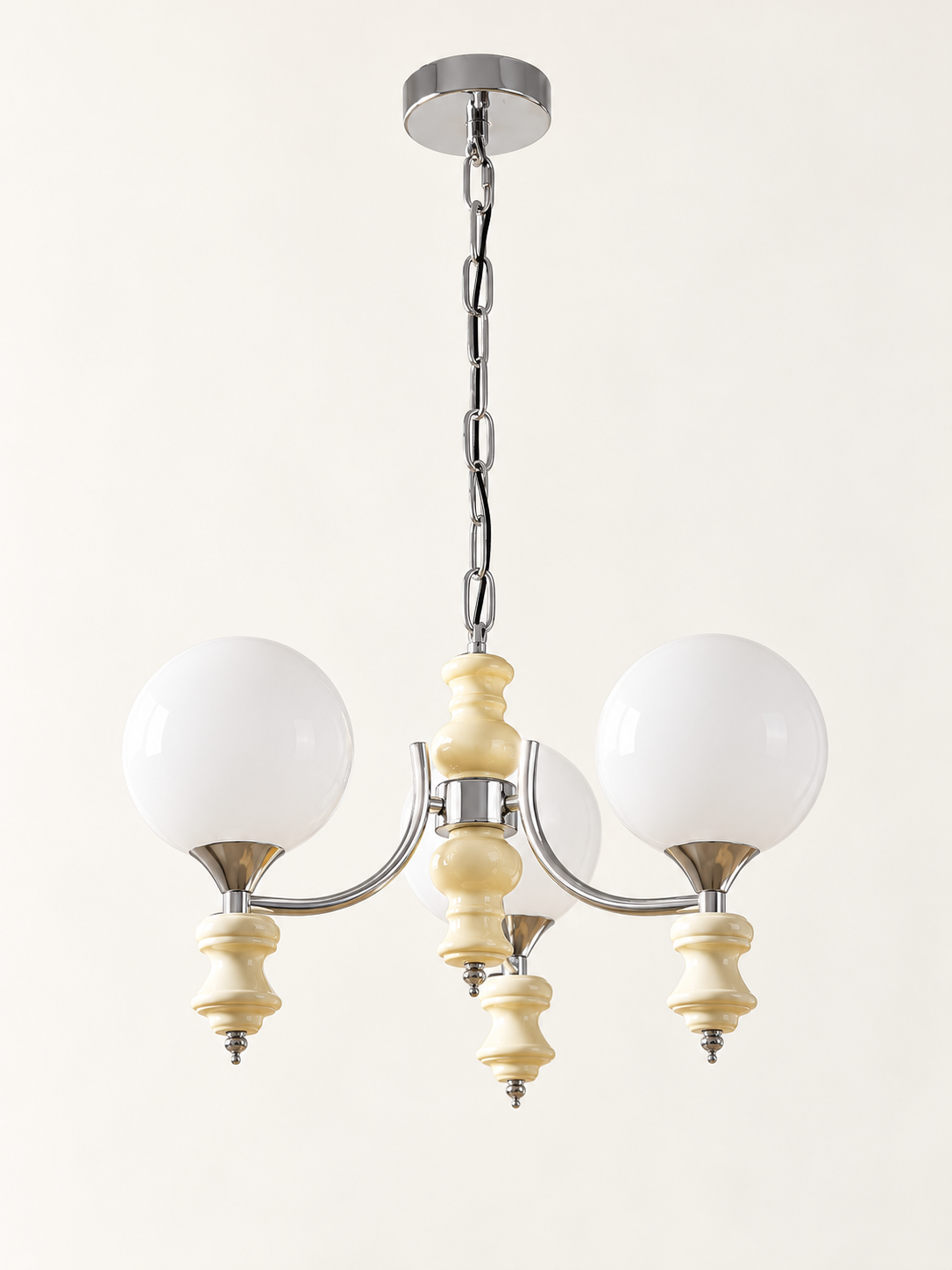 Cream / 3 Lights / Chain sculpted chrome-arm glass globe chandelier, unlit