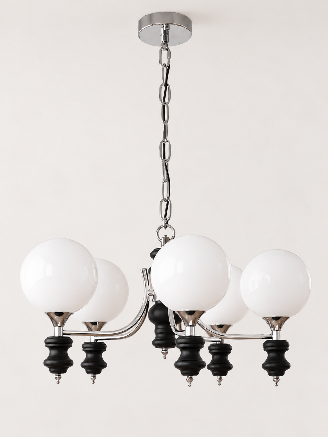 Black / 5 Lights / Chain sculpted chrome-arm glass globe chandelier, unlit