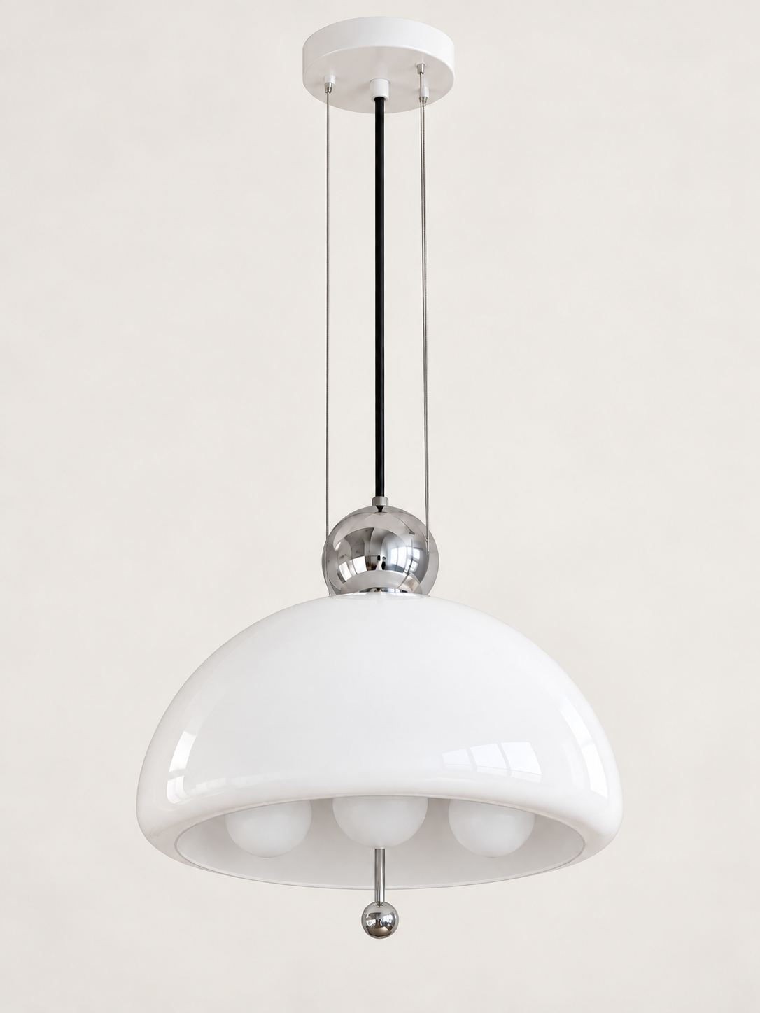 Chrome / 3 × 5 W Opal Bulbs white glass dome pendant light, unlit