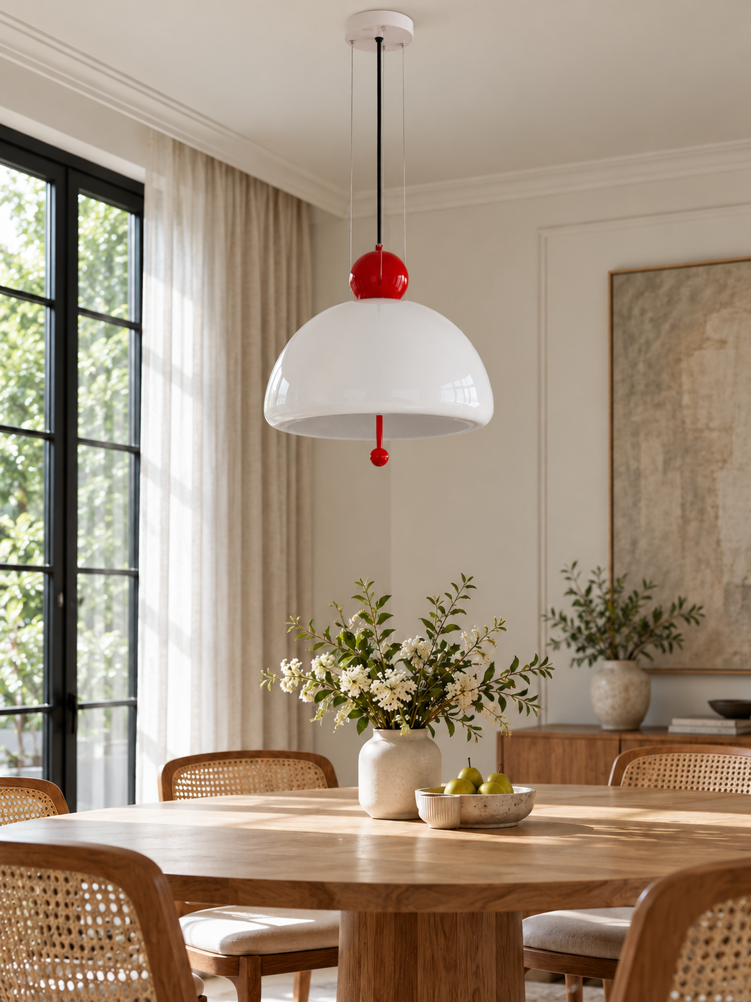 Red dome pendant in dining room, unlit