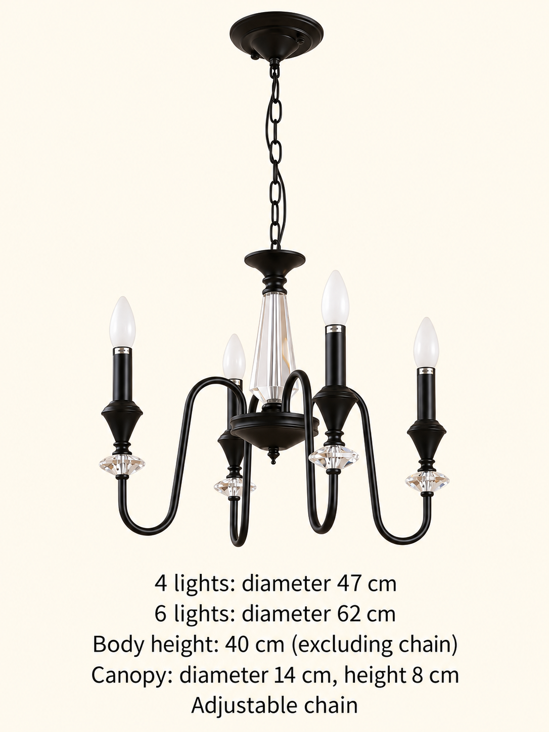 Black iron and crystal chandelier dimensions